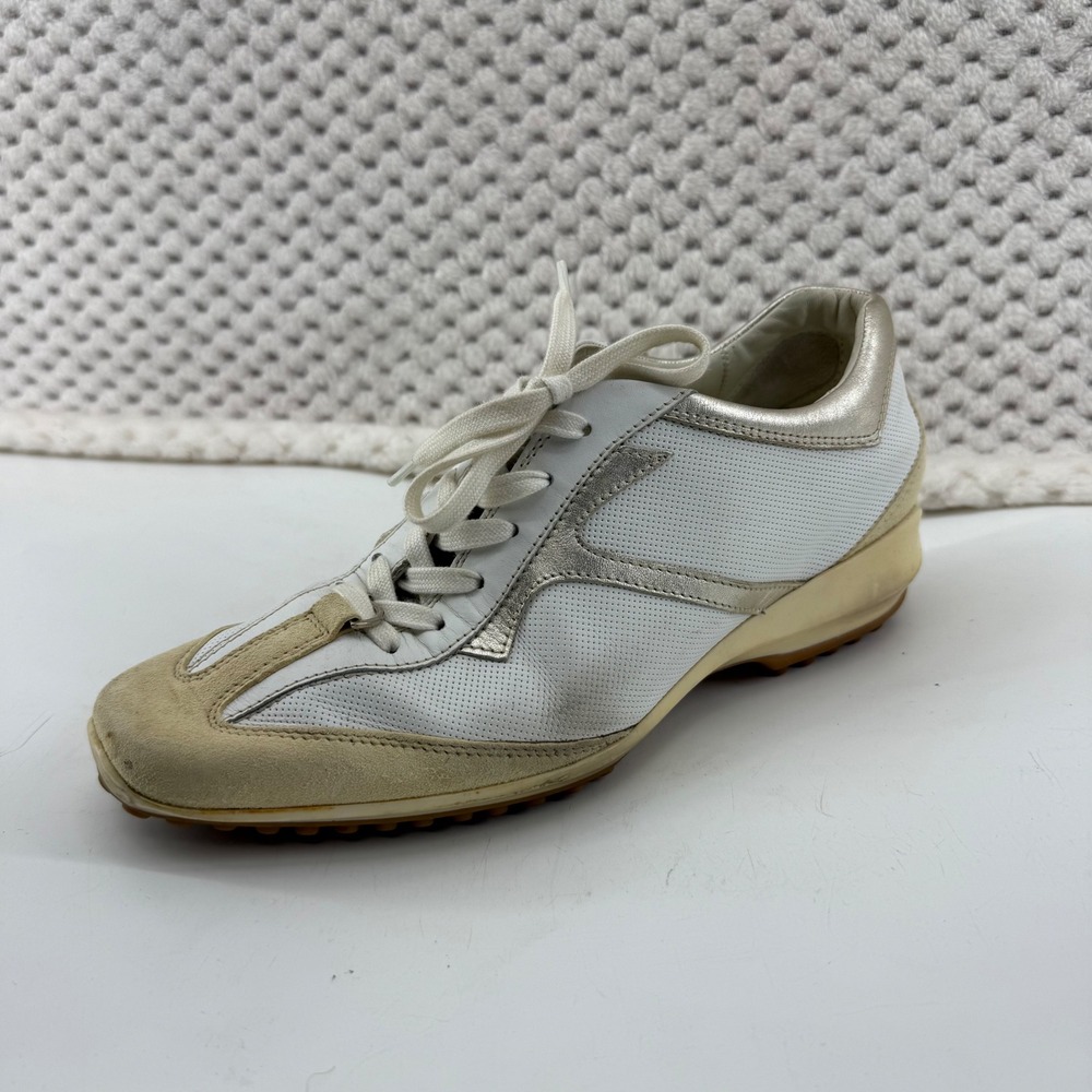 Tod's Sneakers White Gold Leather Trim Cushioned‎ Walking Shoe Womens Size 37.5